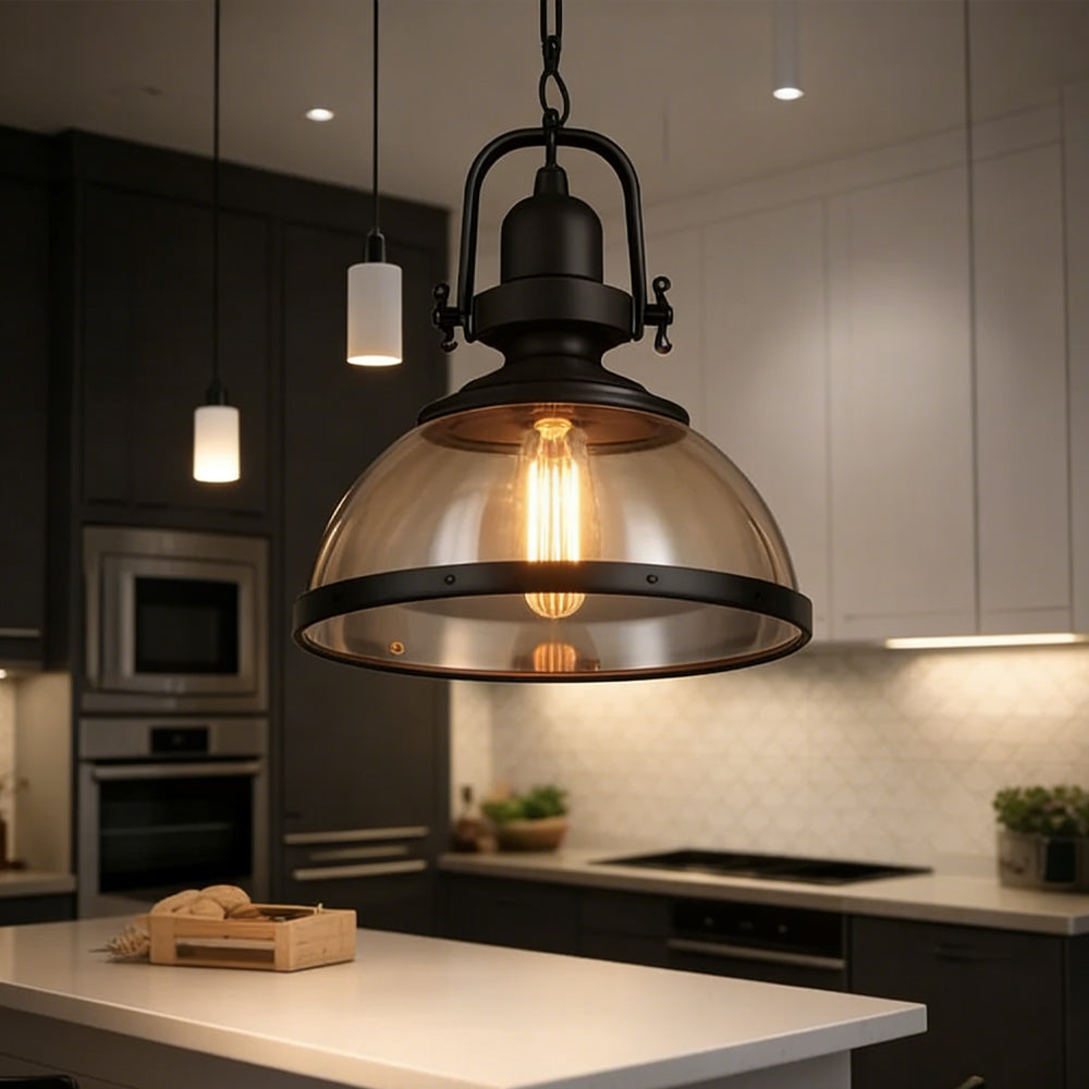 Black Iron Glass Pendant Light, 12 in Hanging Fixture with Adjustable Chain, E26 Socket for Kitchen Island, Dining Room, Bedroom | Lonoma