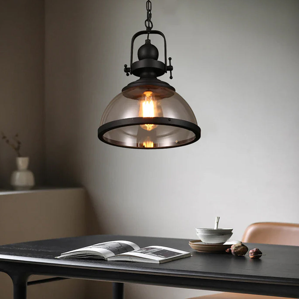 Black Iron & Glass Dome Pendant Light, 12 in Hanging Fixture with Adjustable Chain for Kitchen Island, Dining Table, Bedroom | Lonoma