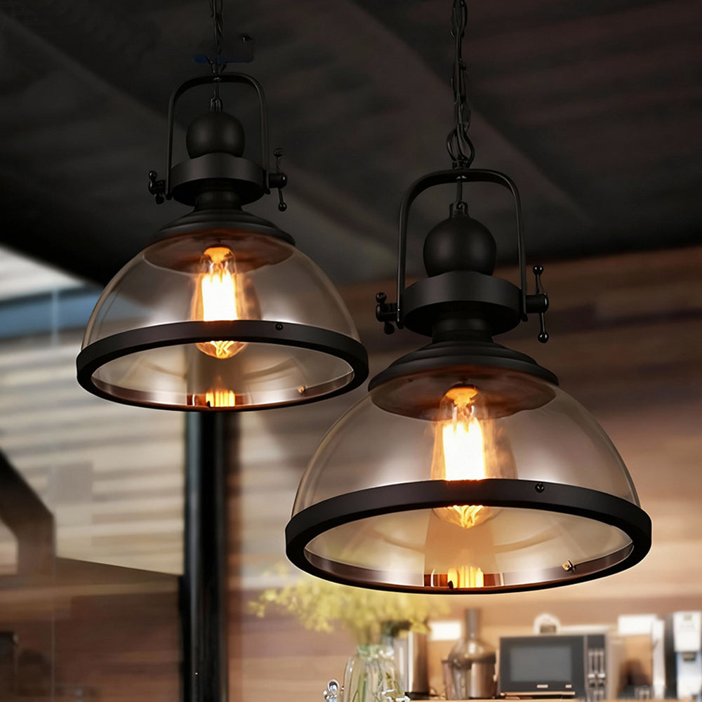 Black Iron Glass Pendant Light, 12 in Hanging Fixture with Adjustable Chain, E26 Socket for Kitchen Island, Dining Room, Bedroom | Lonoma
