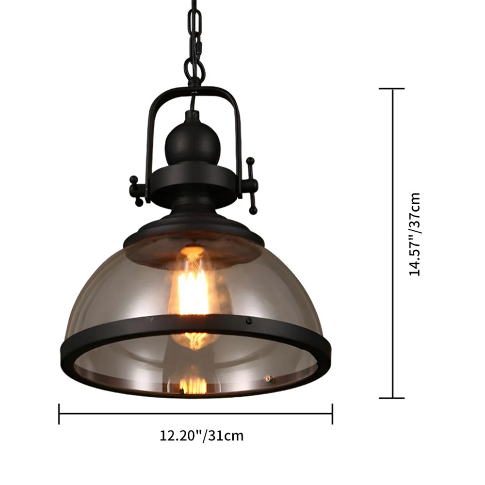 Black Iron Glass Pendant Light, 12 in Hanging Fixture with Adjustable Chain, E26 Socket for Kitchen Island, Dining Room, Bedroom | Lonoma