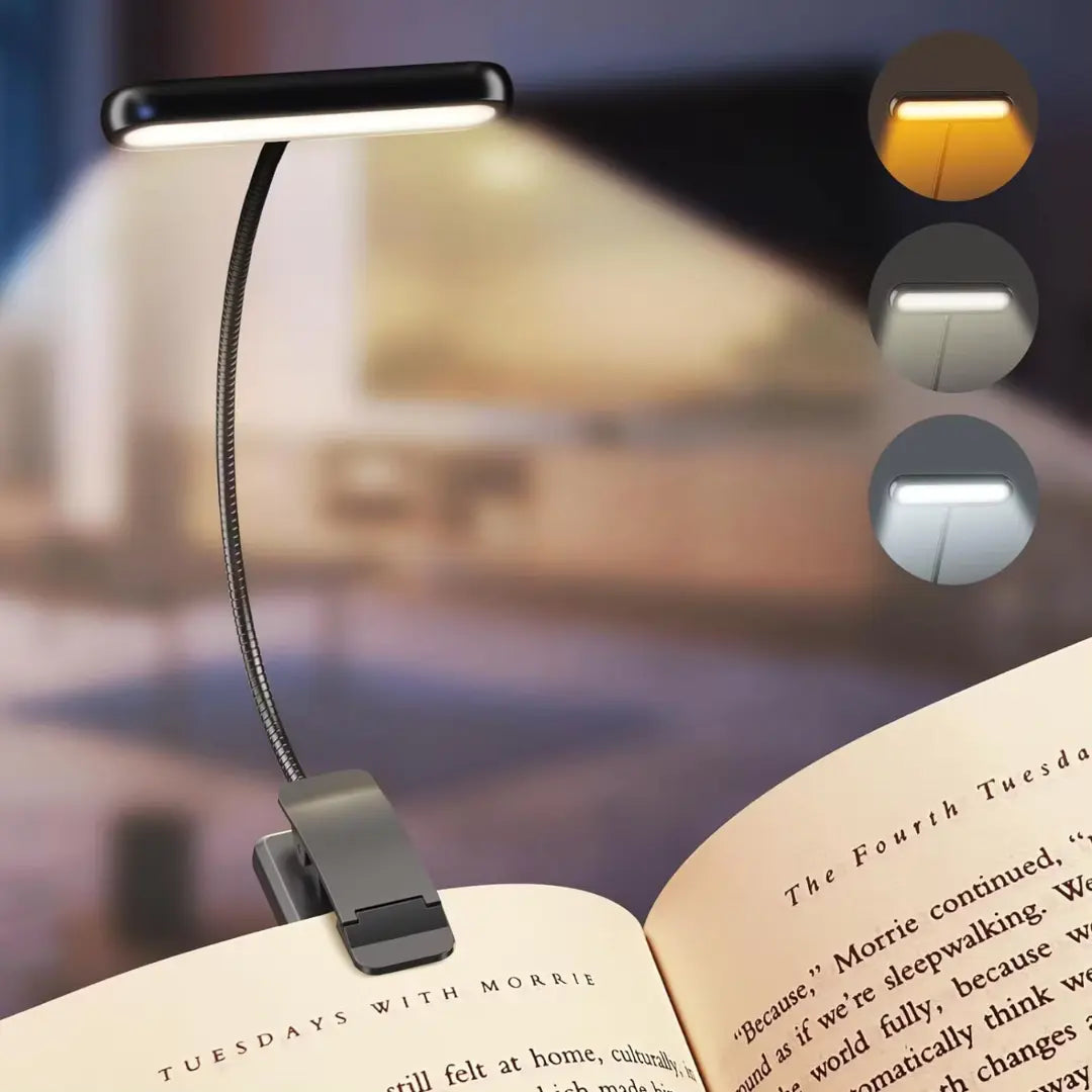 Lampe de lecture LED flexible à pince rechargeable avec trois températures de couleur pour bureau et chevet | Koossa
