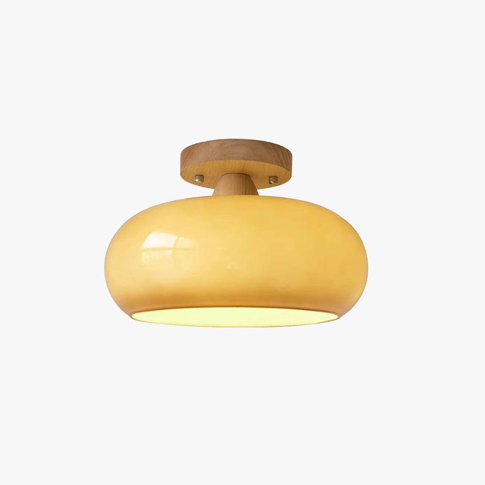 Wood & Glass Flush Mount Ceiling Light, E27 Socket, Natural Finish for Bedroom, Hallway, Dining Room, Scandinavian Japandi Decor | Lonoma