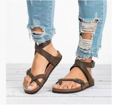 Women's Brown Leather Toe-Loop Sandals with Ankle Strap Flat Comfort Footwear Summer Holiday Walking Casual Everyday Strappy Supportive | Koossa