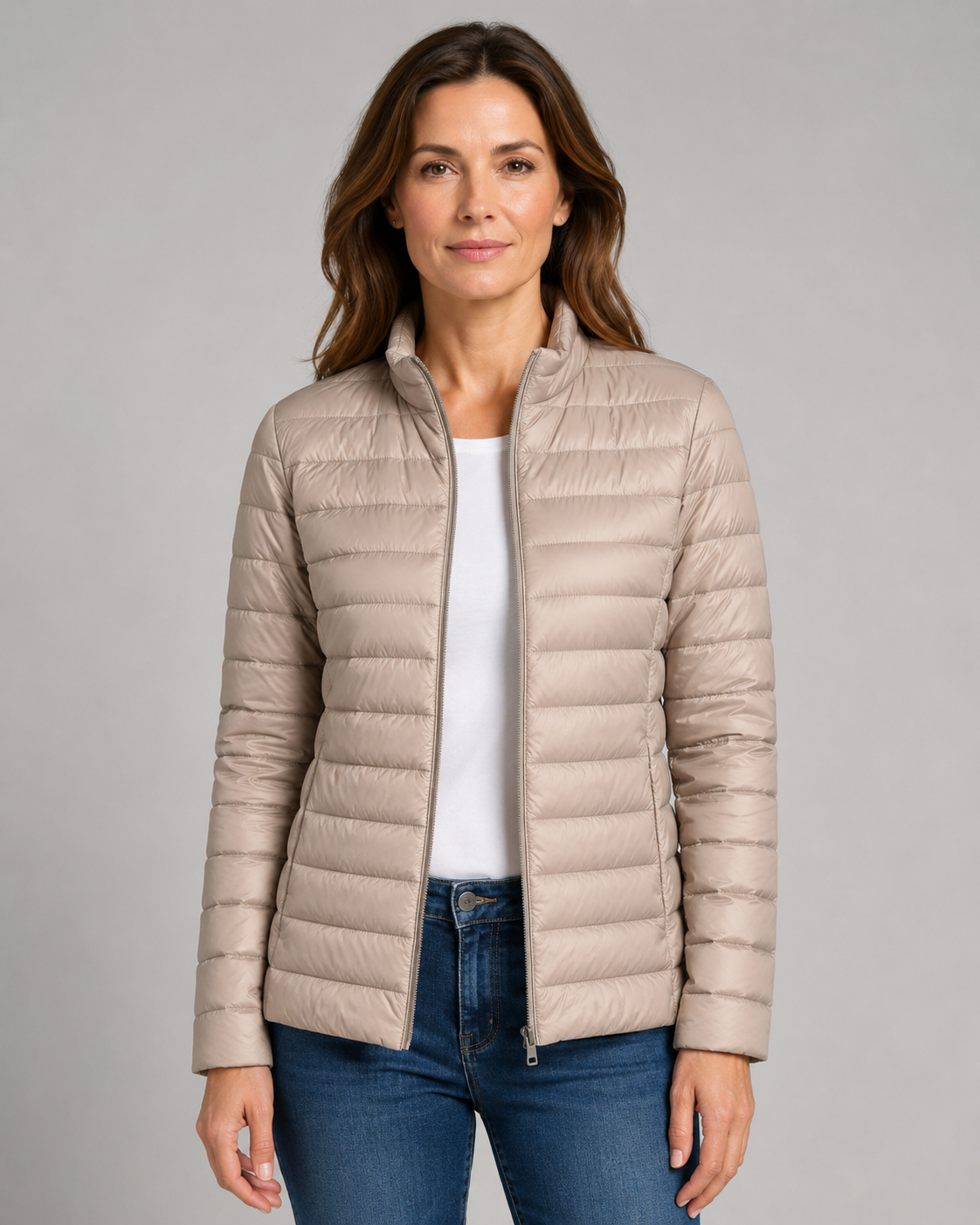 Women's Quilted Puffer Coat with High Funnel Neck and Front Zipper – Insulated Midweight Outerwear for Fall and Spring – Casual Layering | Lonoma