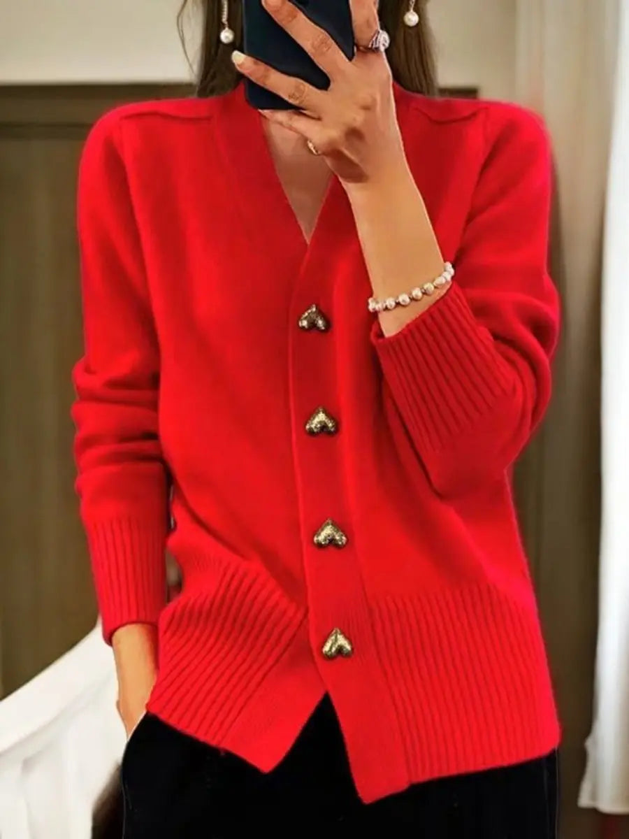 Women's Extended-Length Open-Front Sweater with V-Neck and Gold Heart Closures for Everyday Layering | Lonoma