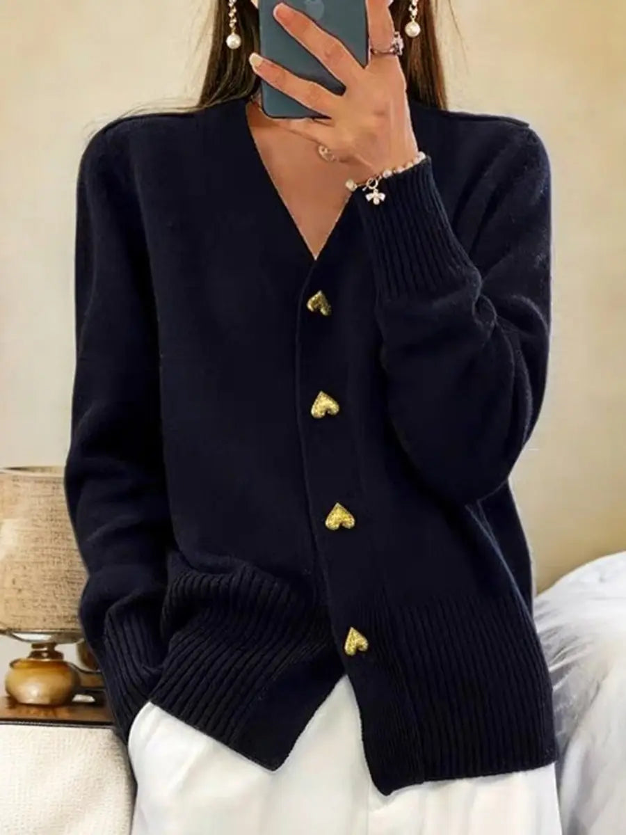 Women's Extended-Length Open-Front Sweater with V-Neck and Gold Heart Closures for Everyday Layering | Lonoma