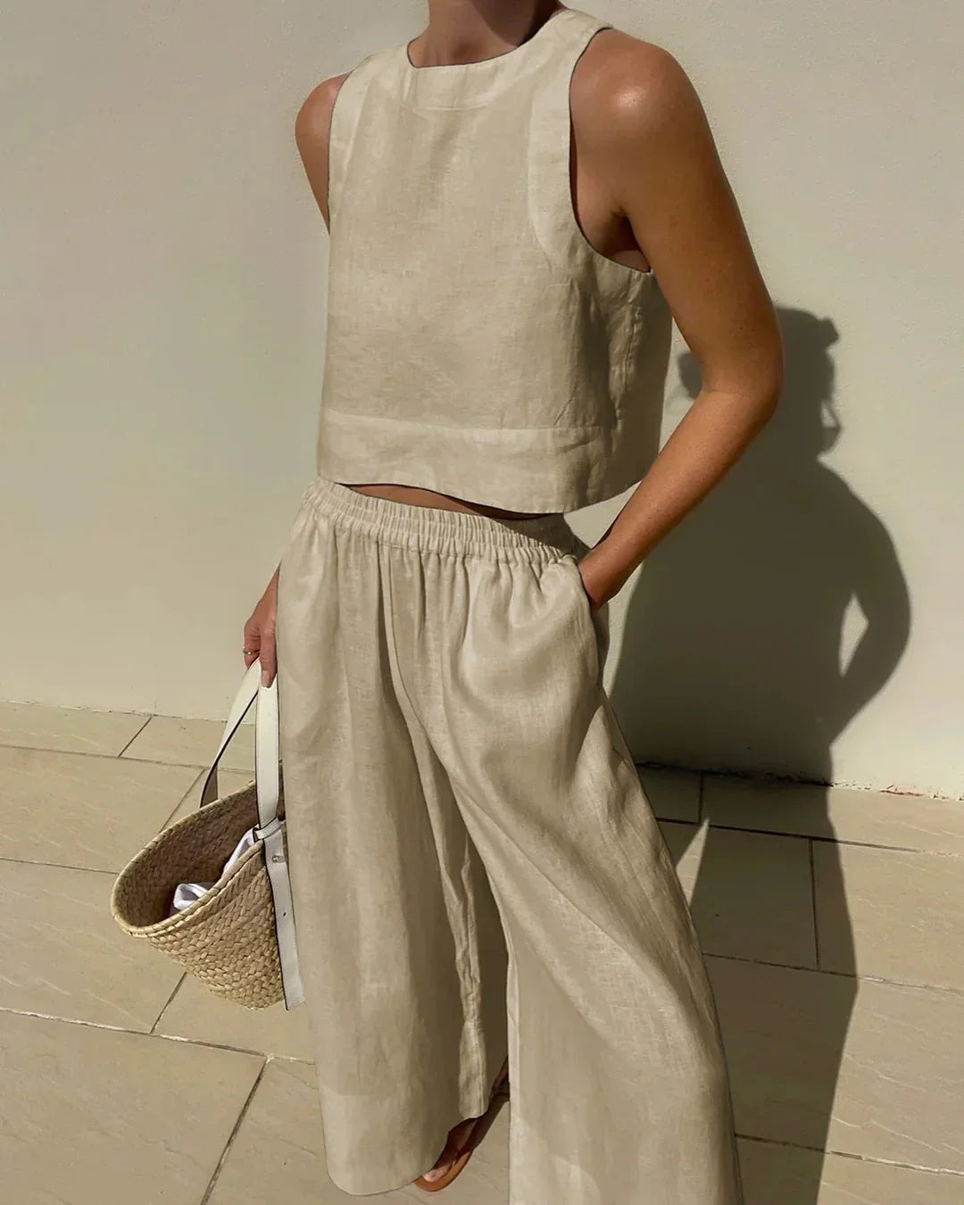 Women's Two-Piece Linen Co-Ord Set Sleeveless Crop Top Wide Leg Capri Trousers Summer Holiday Casual Smart Loungewear Lightweight Breathable Elastic Waist | Koossa