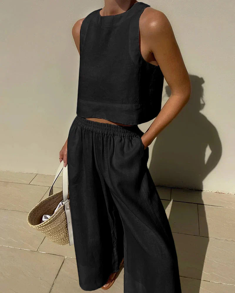 Women's Two-Piece Linen Co-Ord Set Sleeveless Crop Top Wide Leg Capri Trousers Summer Holiday Casual Smart Loungewear Lightweight Breathable Elastic Waist | Koossa