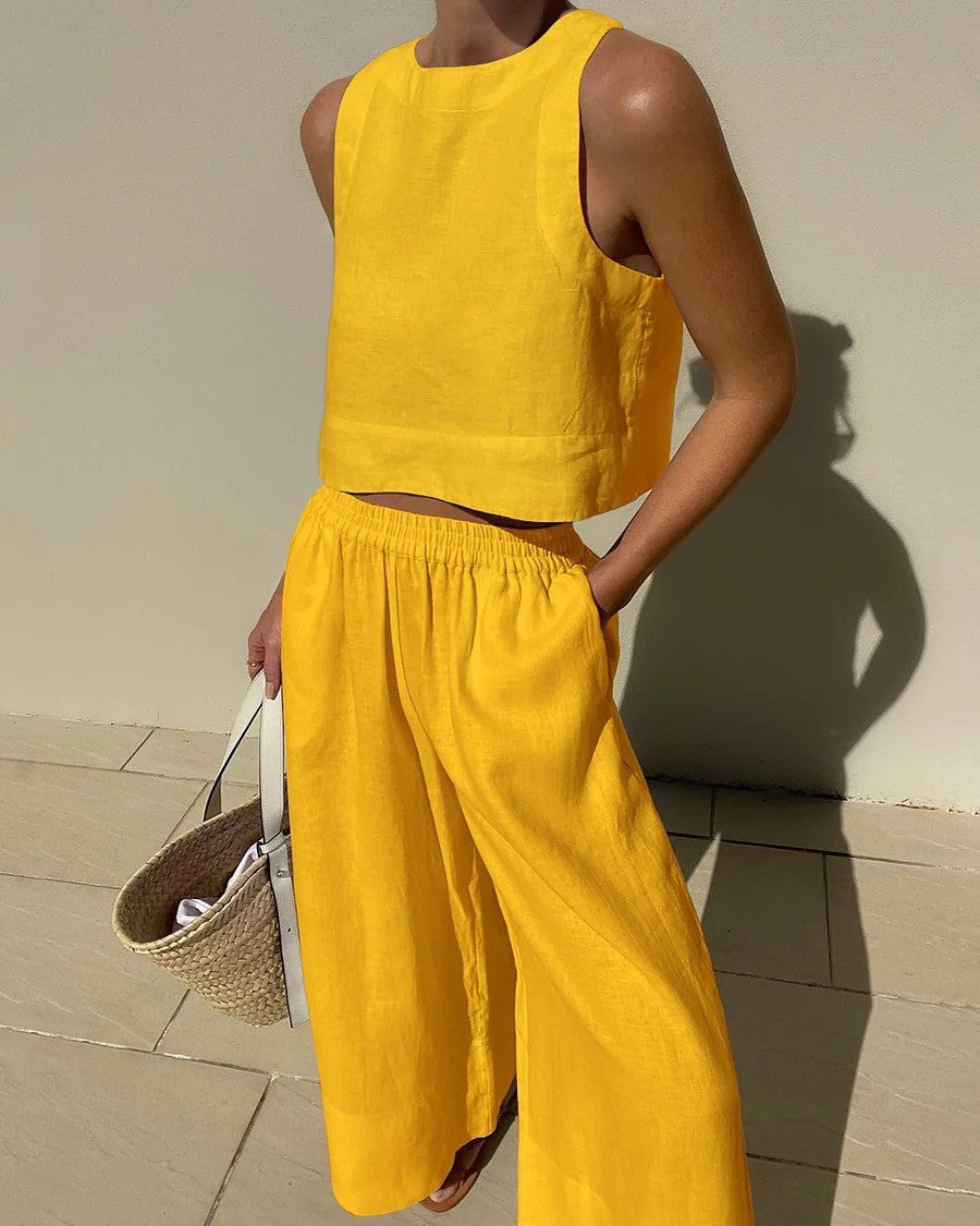 Women's Two-Piece Linen Co-Ord Set Sleeveless Crop Top Wide Leg Capri Trousers Summer Holiday Casual Smart Loungewear Lightweight Breathable Elastic Waist | Koossa