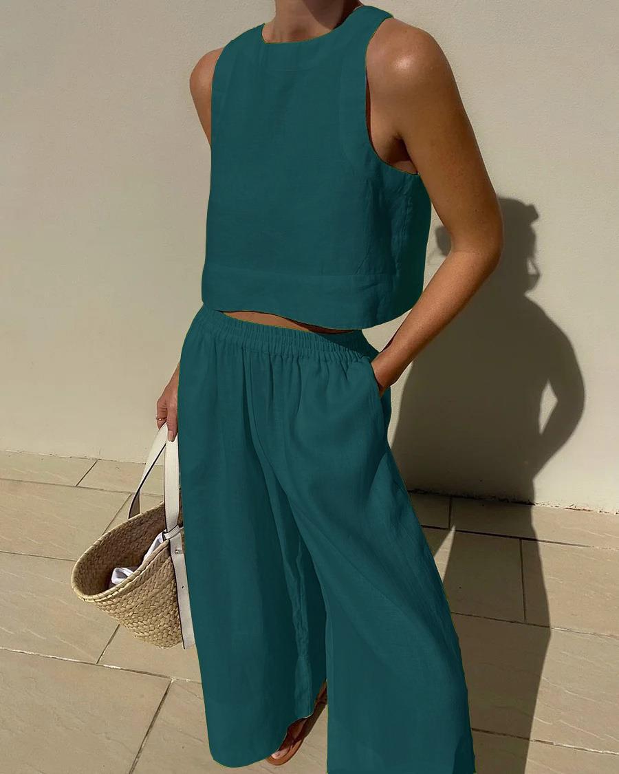 Women's Two-Piece Linen Co-Ord Set Sleeveless Crop Top Wide Leg Capri Trousers Summer Holiday Casual Smart Loungewear Lightweight Breathable Elastic Waist | Koossa