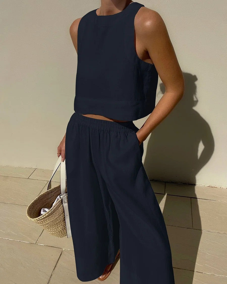 Women's Two-Piece Linen Co-Ord Set Sleeveless Crop Top Wide Leg Capri Trousers Summer Holiday Casual Smart Loungewear Lightweight Breathable Elastic Waist | Koossa