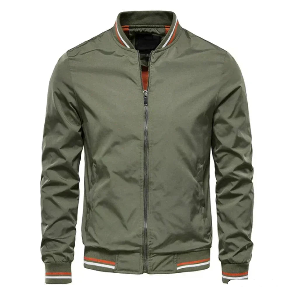Bomber Jacket with Varsity Stripe Detail and Ribbed Trims in Four Versatile Colours | Classic Silhouette, Casual Layering Essential | Koossa