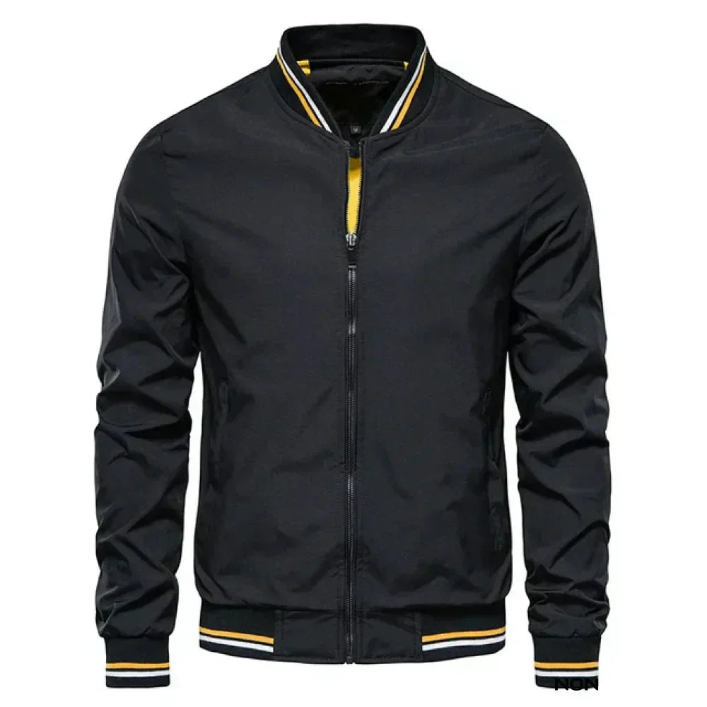 Bomber Jacket with Varsity Stripe Detail and Ribbed Trims in Four Versatile Colours | Classic Silhouette, Casual Layering Essential | Koossa
