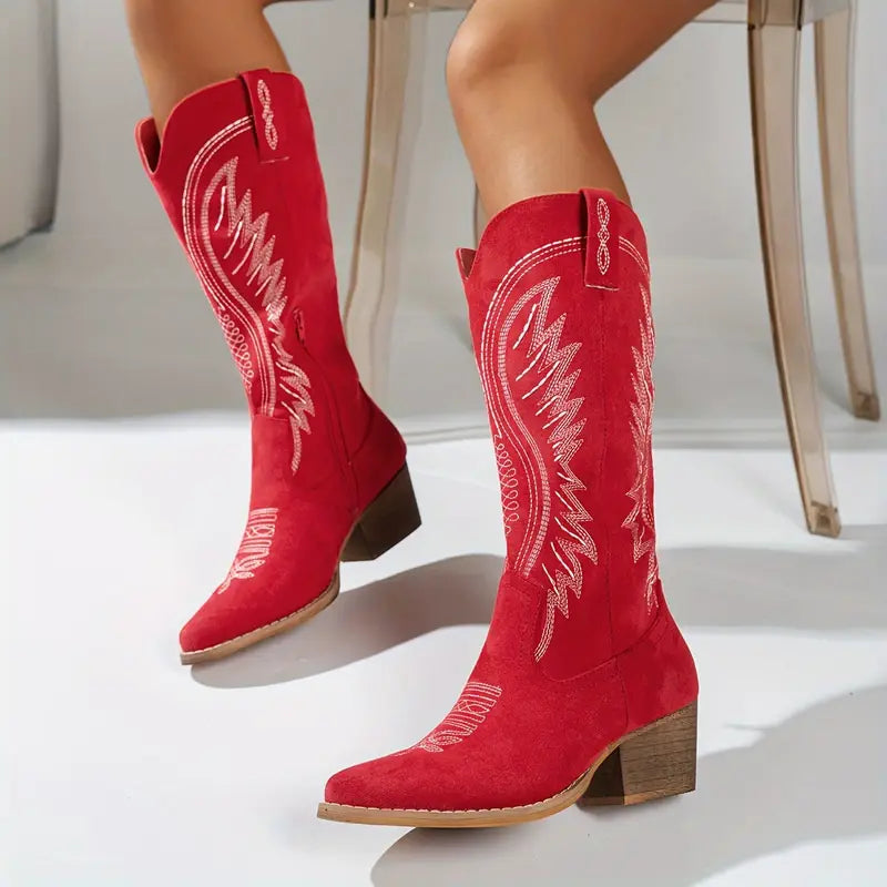 Embroidered Leather Western Boots Brown Mid-Block Heel Pointed Toe Cowboy Ankle Boots Ladies Pull-On Riding Boots Autumn Winter Footwear | Koossa