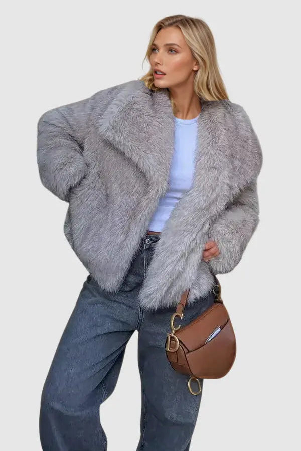 Oversized Faux Fur Coat Beige Grey Black Wide Lapel Winter Outerwear Textured Plush Finish Relaxed Silhouette Statement Layering Piece | Koossa