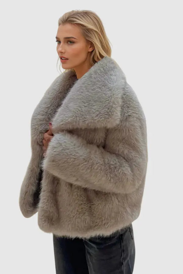 Oversized Faux Fur Coat Beige Grey Black Wide Lapel Winter Outerwear Textured Plush Finish Relaxed Silhouette Statement Layering Piece | Koossa
