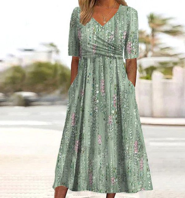 Women's Floral V-Neck Midi Dress with Pockets in Green – Relaxed Fit Feminine Summer Day Dress | Koossa