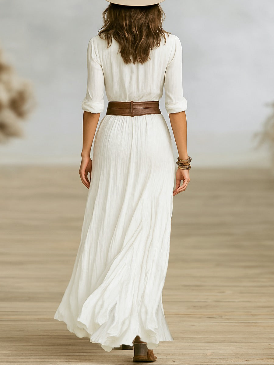 Women's Long Belted Dress with Pleated Lapels in White, Black, Green & Brown – Elegant Flowing Silhouette for Day to Evening Wear | Koossa