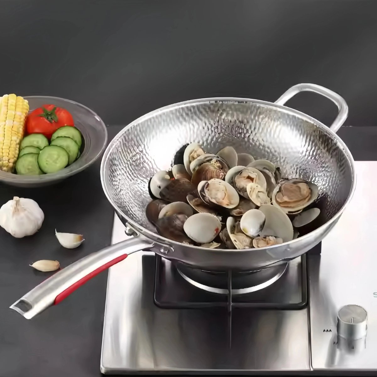 Titanium Wok 12 Inch Round Bottom Stir-Fry Pan, Silver, for Induction & Gas Stovetops, Sautéing, Steaming & Asian Cooking | Lonoma