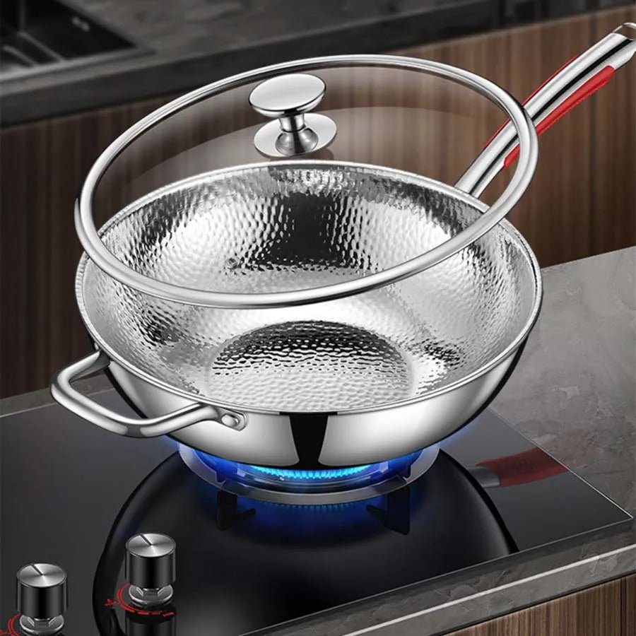 Titanium Wok 12 Inch Round Bottom Stir-Fry Pan, Silver, for Induction & Gas Stovetops, Sautéing, Steaming & Asian Cooking | Lonoma