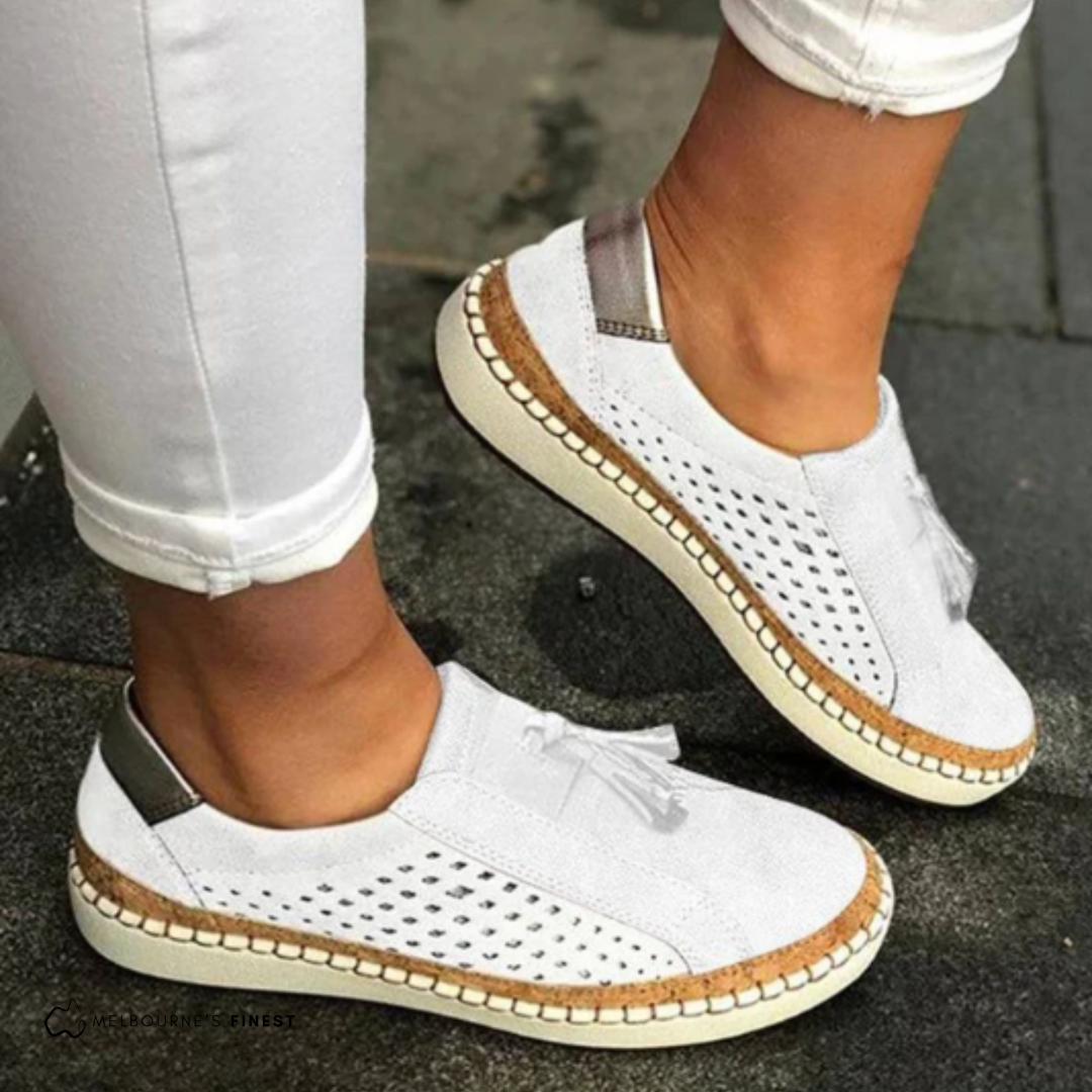 Women's Slip-On Platform Walking Shoes with Perforated Detail and Tassel Accent in Green, Black, Blue, White, and Red – Comfortable Cushioned Sole Casual Everyday Footwear for Spring Summer Leisure | Koossa