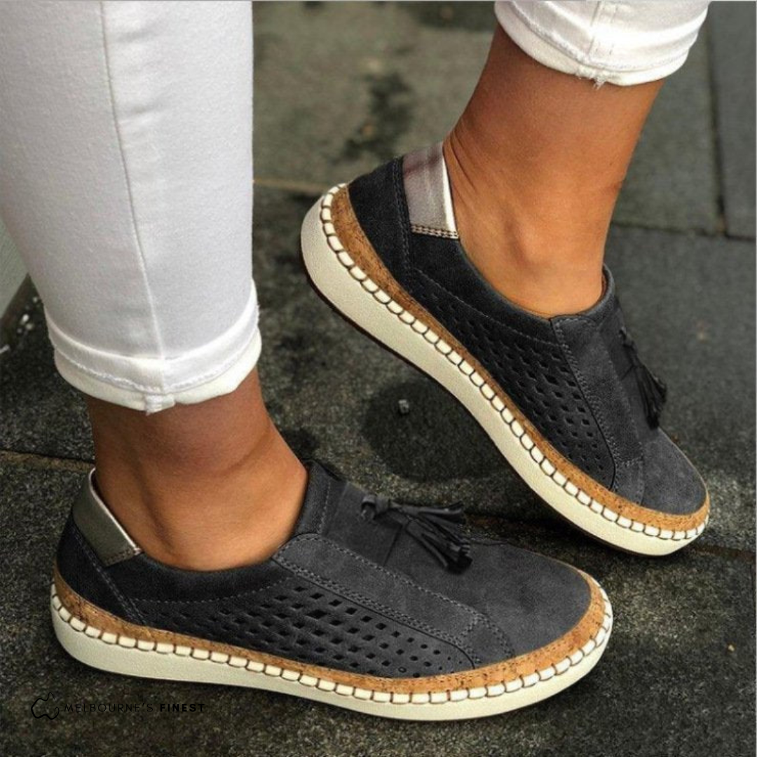 Women's Slip-On Platform Walking Shoes with Perforated Detail and Tassel Accent in Green, Black, Blue, White, and Red – Comfortable Cushioned Sole Casual Everyday Footwear for Spring Summer Leisure | Koossa