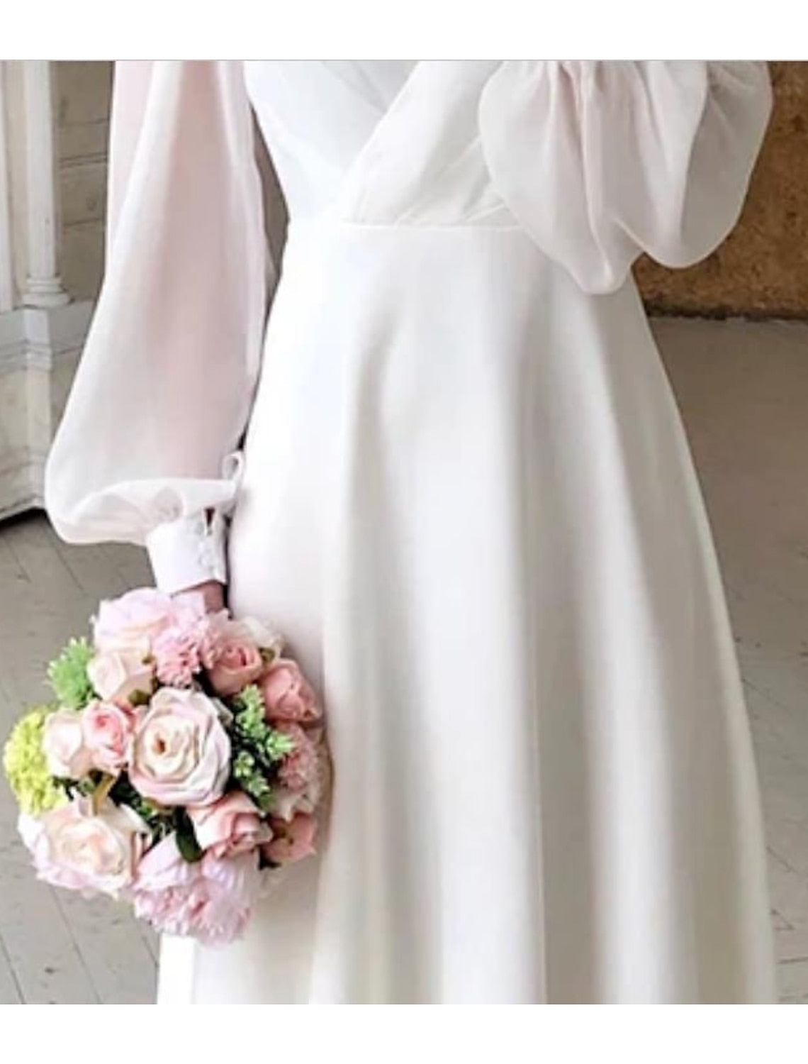 Women's White Midi Wedding Dress — Elegant Bridal Dress with Puff Sleeves for Registry Office & Garden Weddings | Koossa
