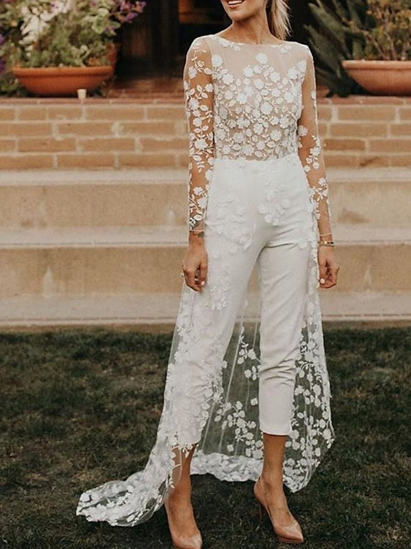 Women's White Bridal Jumpsuit — Elegant Long Sleeve Wedding Jumpsuit for Modern Registry Office & Contemporary Ceremonies | Koossa