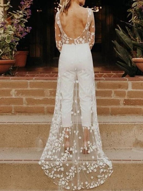 Women's White Bridal Jumpsuit — Elegant Long Sleeve Wedding Jumpsuit for Modern Registry Office & Contemporary Ceremonies | Koossa