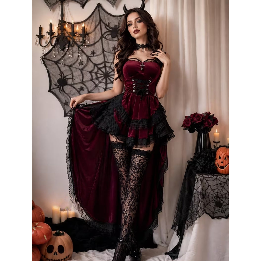 Women's Layered Devil Costume Burgundy Black Lace Halloween Cosplay Party Dress Gothic Fantasy Outfit Theatrical Ensemble Witch Vampire | Lonoma