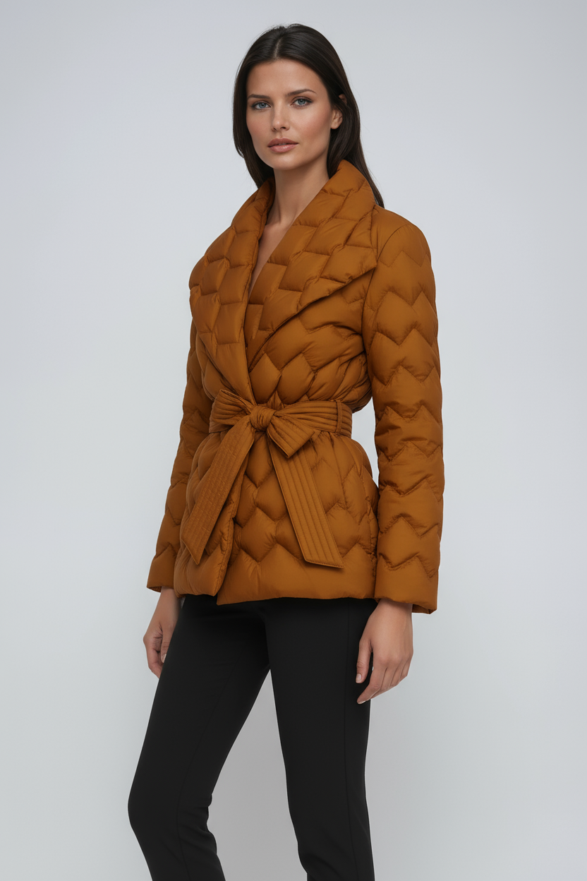 Quilted Belted Puffer Jacket in Midnight Black, Amber Orange & Sandstone Beige | Elegant Padded Winter Coat with Waist Belt for Women Over 50 | Koossa