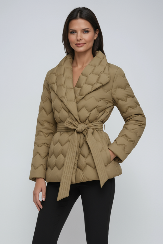 Quilted Belted Puffer Jacket in Midnight Black, Amber Orange & Sandstone Beige | Elegant Padded Winter Coat with Waist Belt for Women Over 50 | Koossa