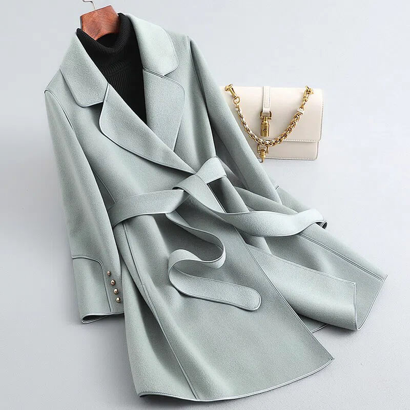 Women's Belted Wool Trench Coat Long Jacket with Tie Waist and Mini Bag for Fall Winter | Lonoma