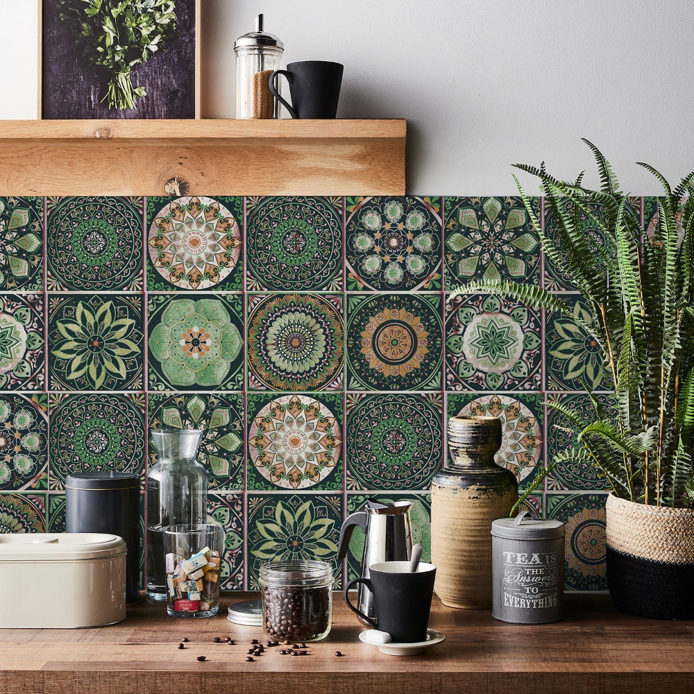 Stickers muraux adhésifs inspiration mandala portugais pour carrelage cuisine et salle de bains lot 24 pièces | Koossa