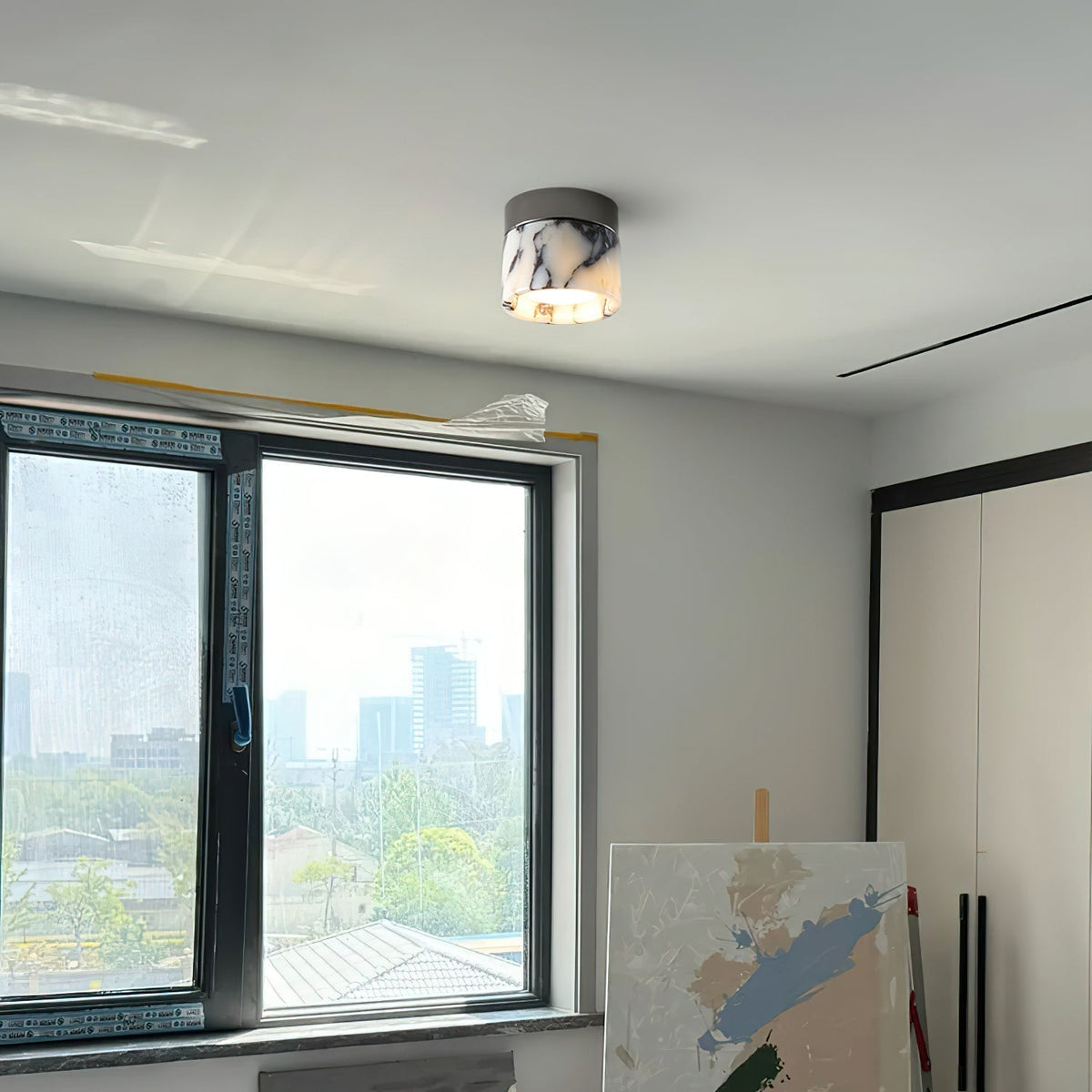 Round Marble Flush Mount Ceiling Light with Glass Shade 4.7 in – Modern Semi-Flush Fixture for Bedroom Hallway Entryway Kitchen Dining Room | Lonoma