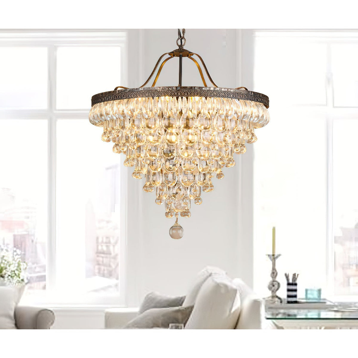Crystal Drop Chandelier Antique Bronze Finish Multi Light Pendant Dining Room Living Room Foyer Statement Lighting Adjustable Chain | Lonoma