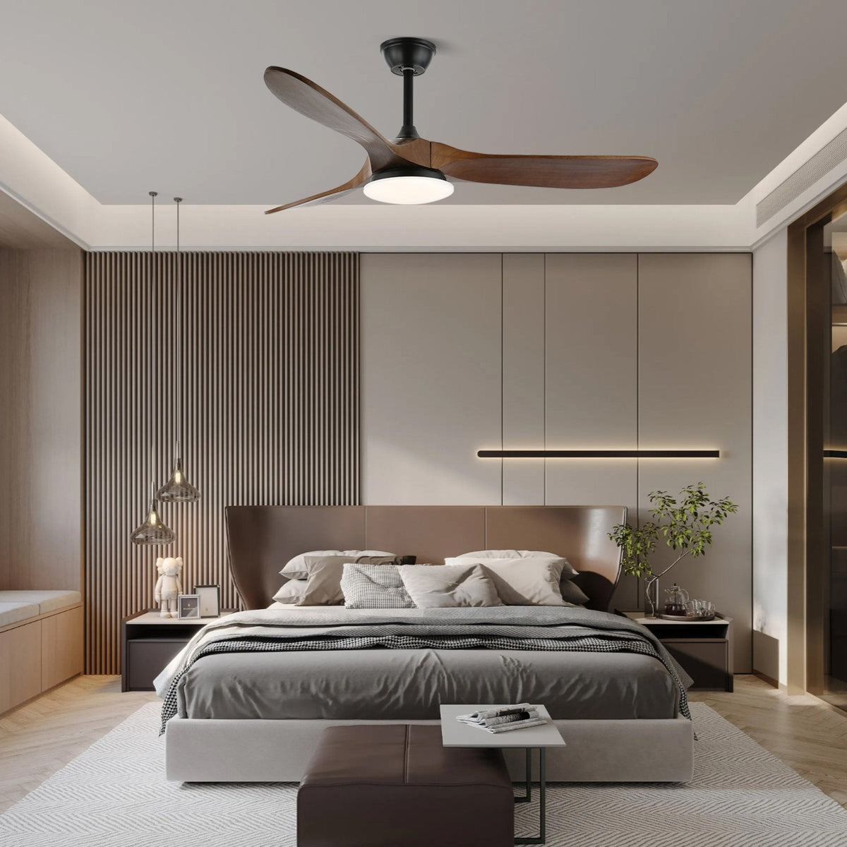 42-52 Inch Walnut & Wood Blade Ceiling Fan with Dimmable LED Light | 6-Speed Reversible DC Motor | Modern Farmhouse Indoor Fan for Bedroom | Lonoma