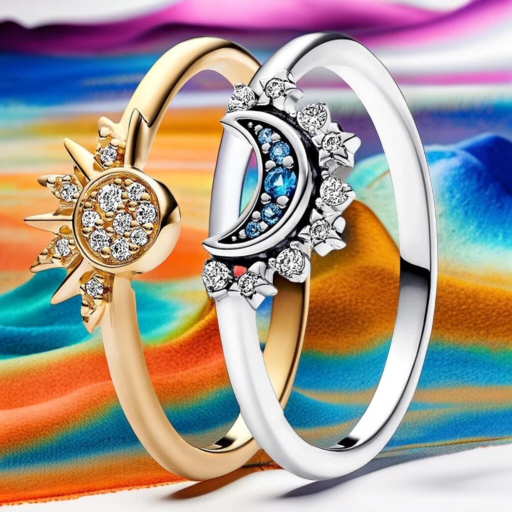 Women's Sterling Silver Sun & Moon Crystal Ring Set — Celestial Statement Ring for Special Occasions | Koossa