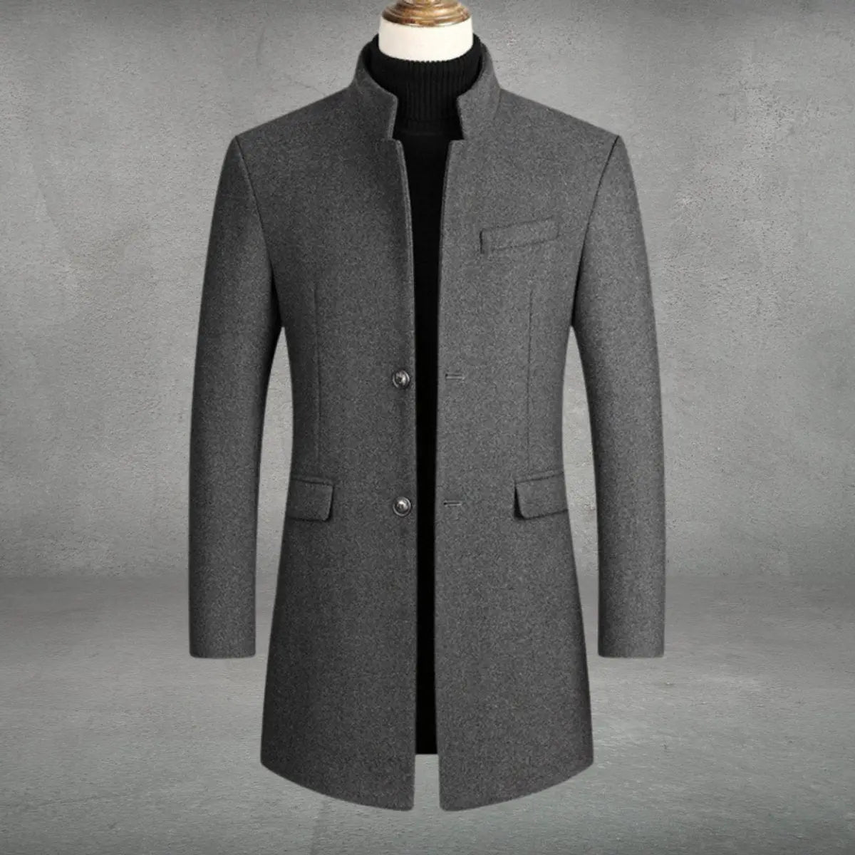 Men's Structured Coat with Stand-Up Collar – Fitted Wool-Blend Topcoat for Business & Cold Weather – Gray Black Burgundy | Lonoma