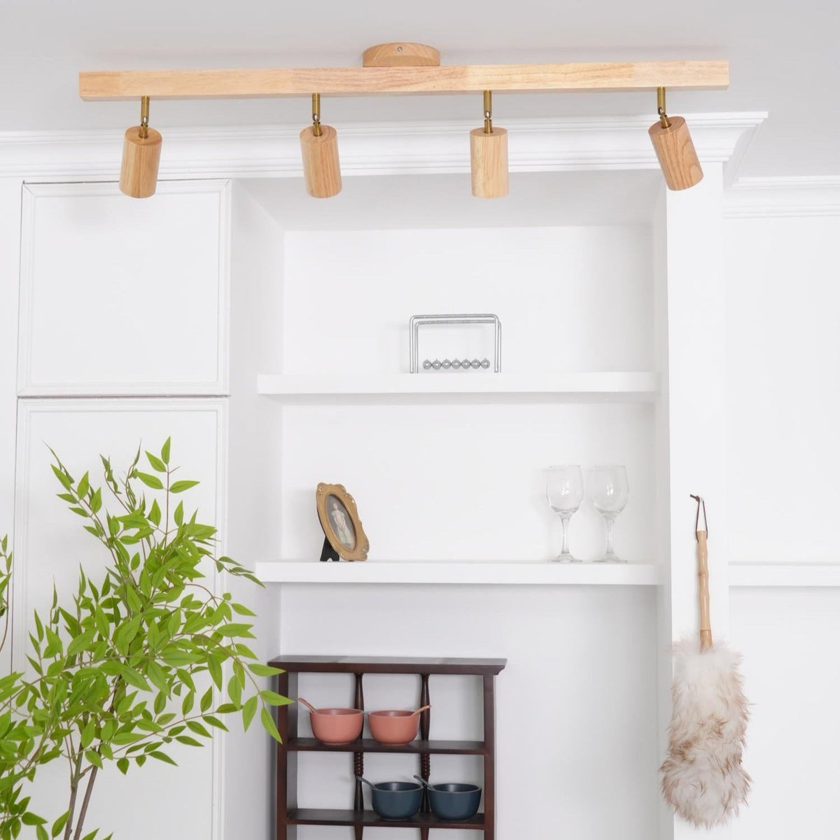 Adjustable Track Light with Wood Accent - 2/3/4/5 Spotlight Heads - Ceiling Mount LED - Warm Light for Kitchen, Hallway, Living Room | Lonoma