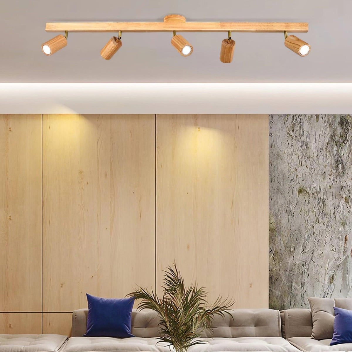 Adjustable Track Light with Wood Accent - 2/3/4/5 Spotlight Heads - Ceiling Mount LED - Warm Light for Kitchen, Hallway, Living Room | Lonoma