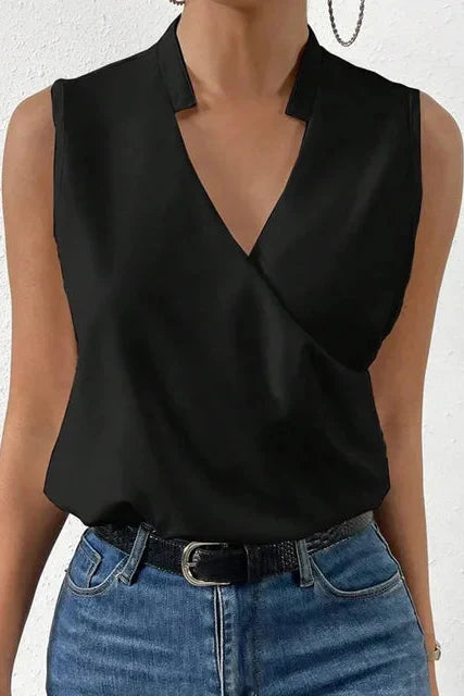 Sleeveless V-Neck Wrap Blouse in Floral & Solid Colours for Effortless Spring Elegance | Koossa