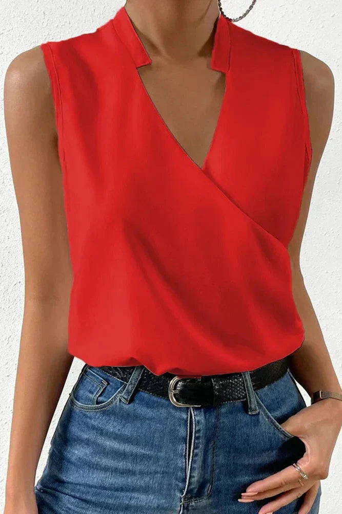 Sleeveless V-Neck Wrap Blouse in Floral & Solid Colours for Effortless Spring Elegance | Koossa