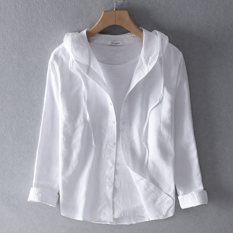 Women's Hooded Blouse with Button-Through Front in Blue, Beige, White & Grey — Versatile Summer Top for Casual & Smart-Casual Wear | Koossa