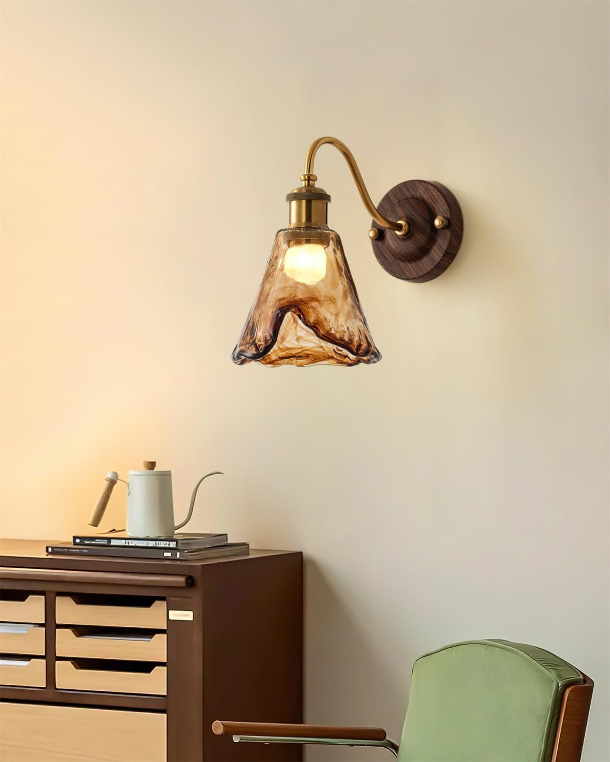 Vintage Wall Sconce with Amber Glass Shade and Brass Finish | Mid-Century Modern Wall Light Fixture for Bedroom Hallway Living Room | Lonoma