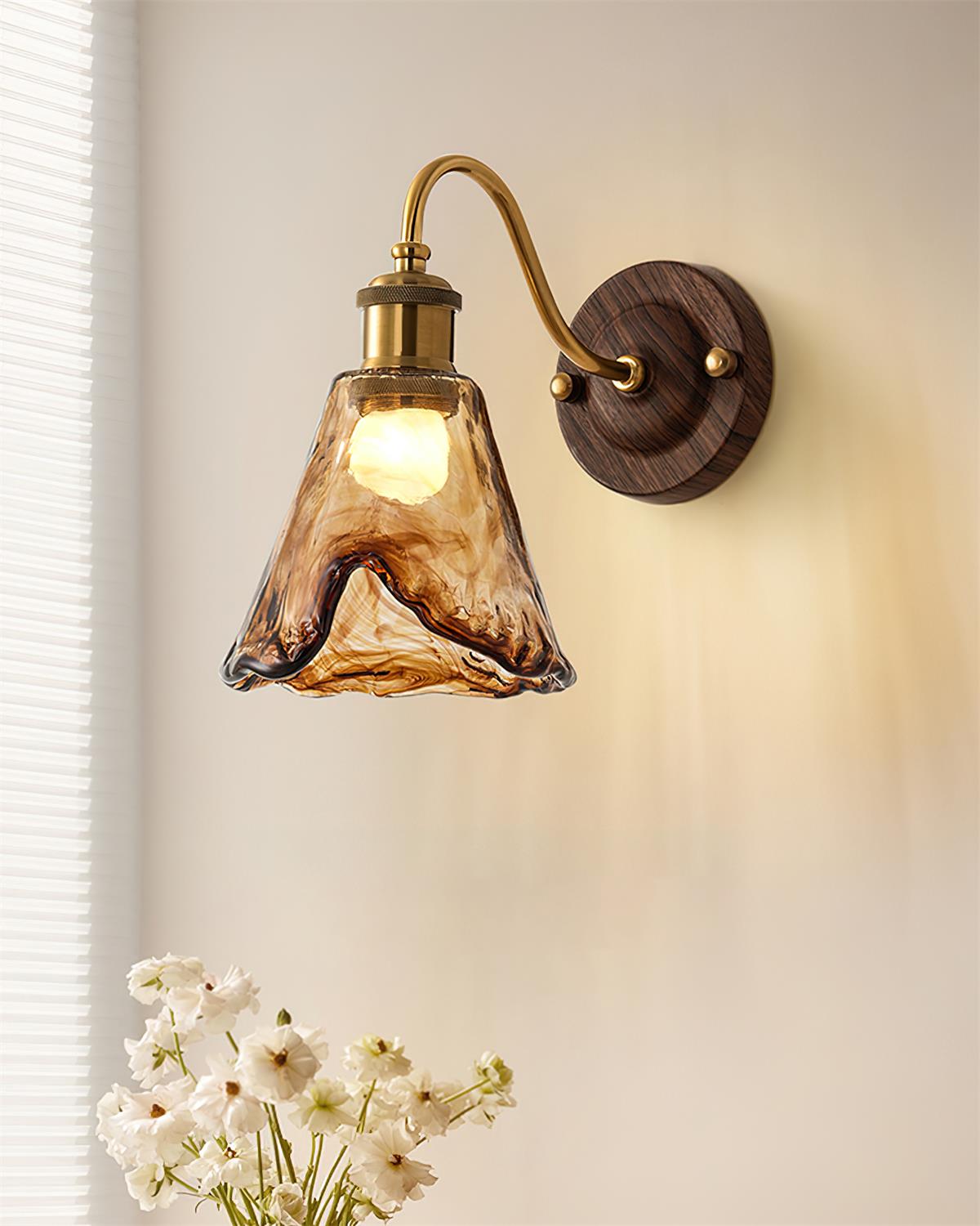 Vintage Wall Sconce with Amber Glass Shade and Brass Finish | Mid-Century Modern Wall Light Fixture for Bedroom Hallway Living Room | Lonoma