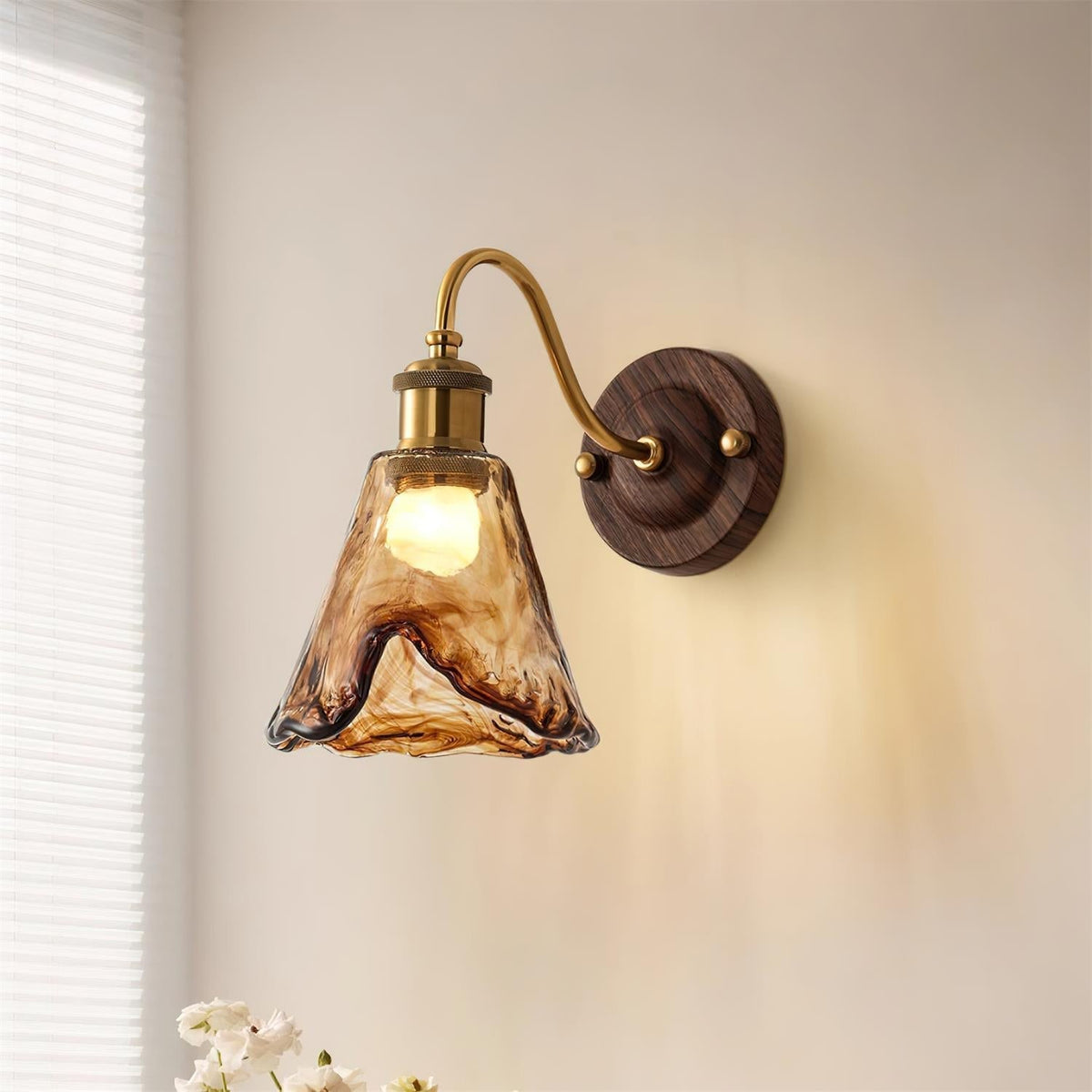 Vintage Wall Sconce with Amber Glass Shade and Brass Finish | Mid-Century Modern Wall Light Fixture for Bedroom Hallway Living Room | Lonoma