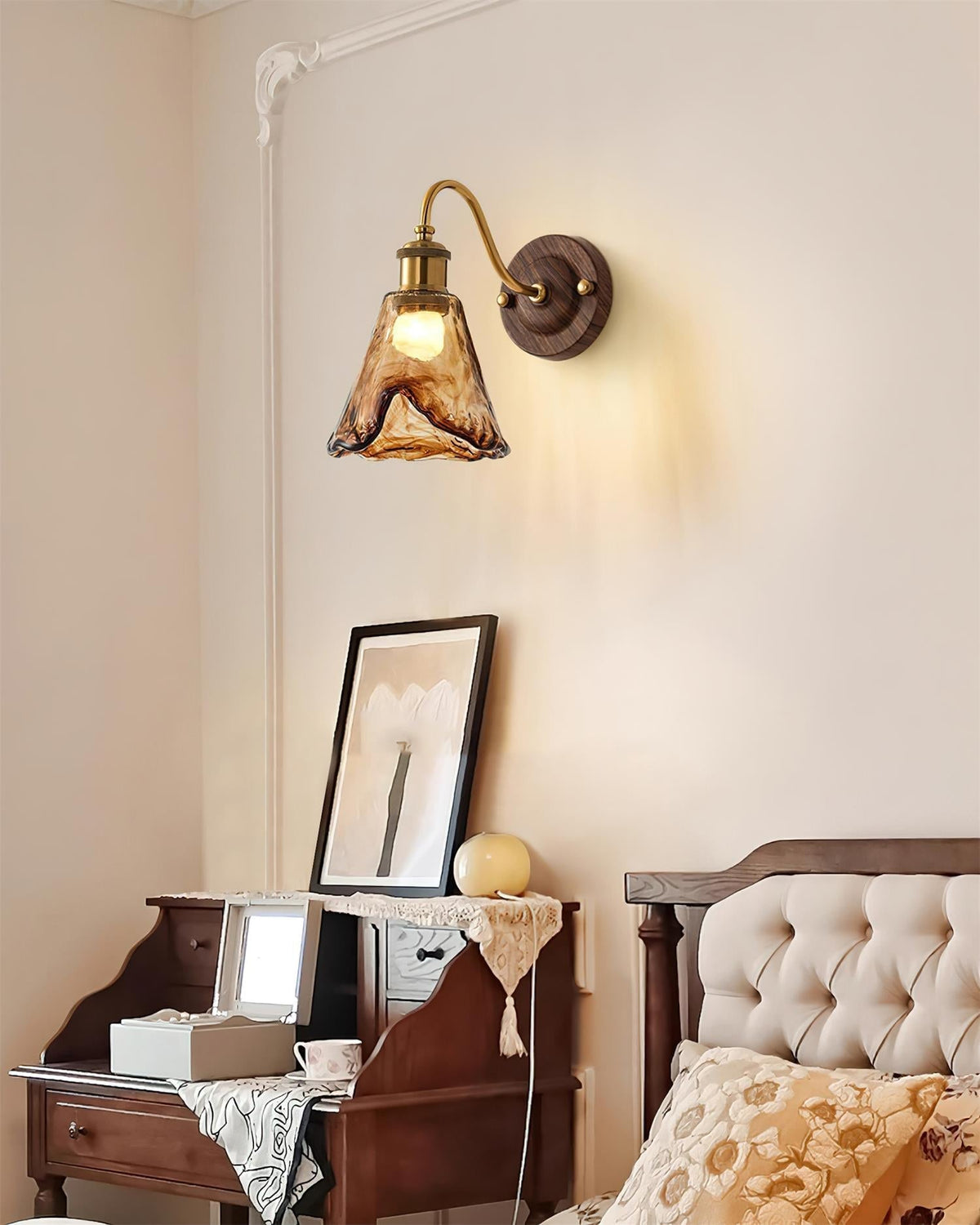 Vintage Wall Sconce with Amber Glass Shade and Brass Finish | Mid-Century Modern Wall Light Fixture for Bedroom Hallway Living Room | Lonoma