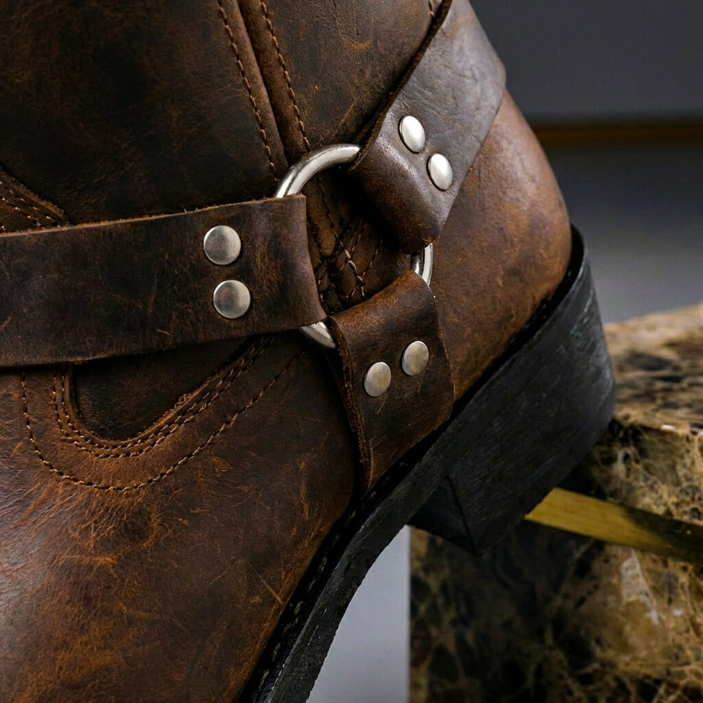 Men's Vintage Western Cowboy Boots with Harness Buckle, Handcrafted Leather Boots in Cognac, Oak & Black, Casual Everyday Wear | Lonoma