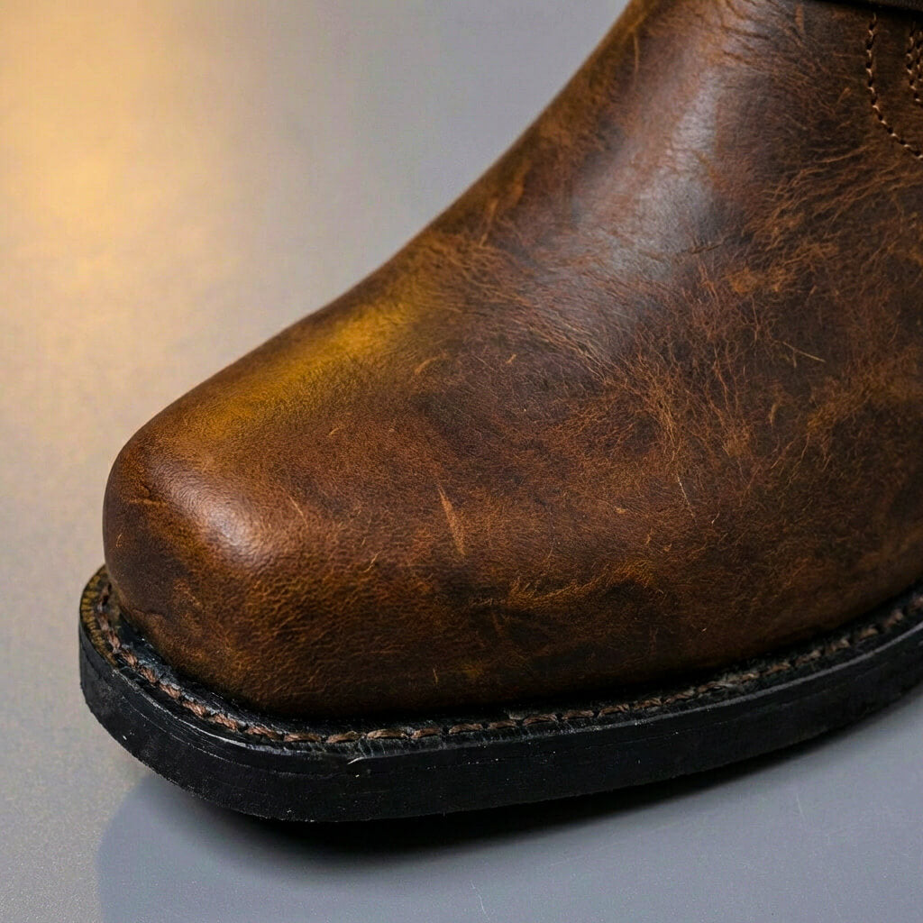 Men's Vintage Western Cowboy Boots with Harness Buckle, Handcrafted Leather Boots in Cognac, Oak & Black, Casual Everyday Wear | Lonoma